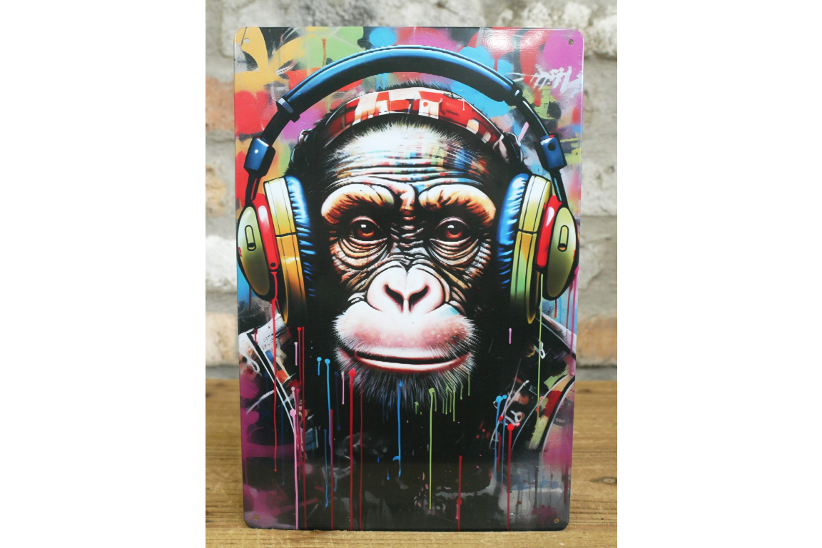 DJ Chimp Street Art Metal Sign - Vibrant Graffiti Monkey Wall Art Plaque