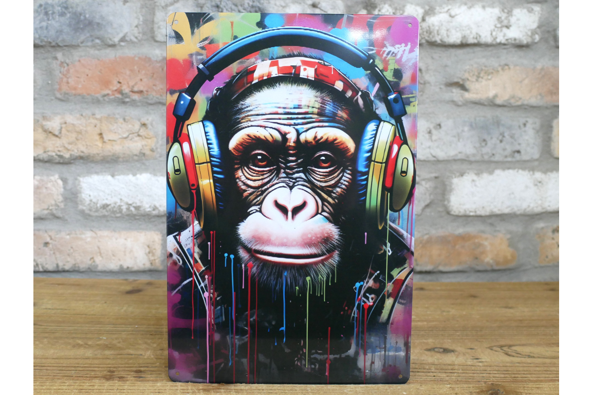 DJ Chimp Street Art Metal Sign - Vibrant Graffiti Monkey Wall Art Plaque