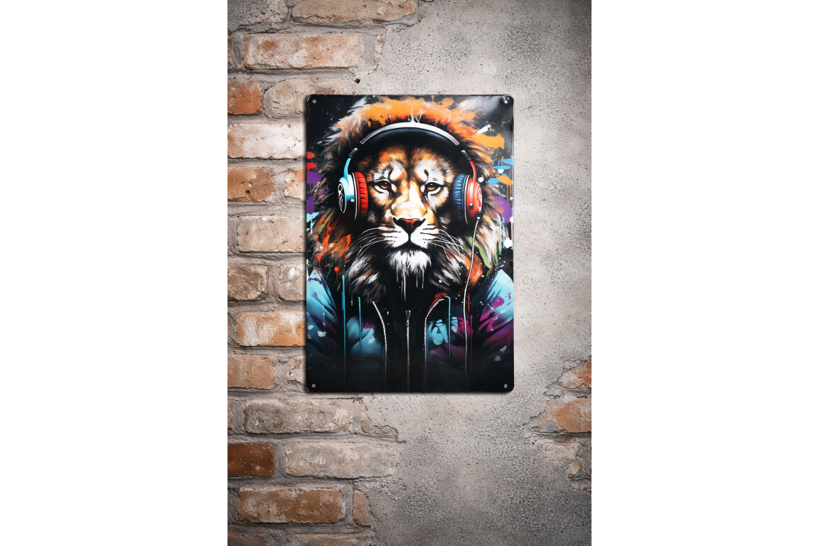 DJ Lion Street Art Metal Sign - Vibrant Graffiti Animal Wall Art Plaque