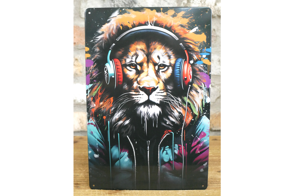 DJ Lion Street Art Metal Sign - Vibrant Graffiti Animal Wall Art Plaque