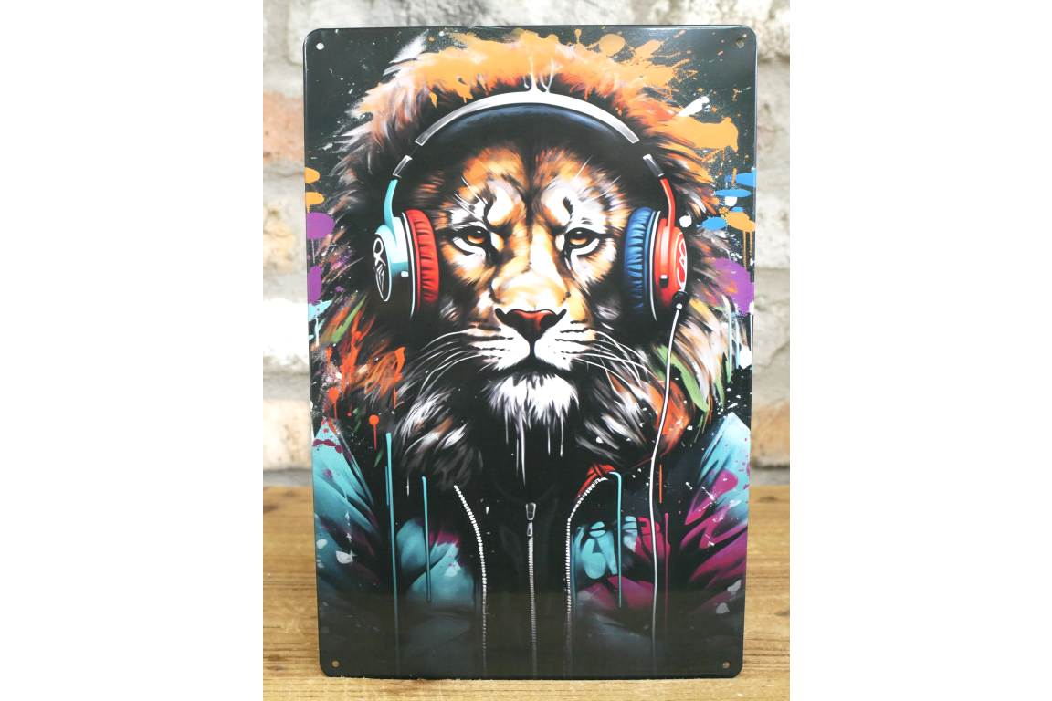 DJ Lion Street Art Metal Sign - Vibrant Graffiti Animal Wall Art Plaque