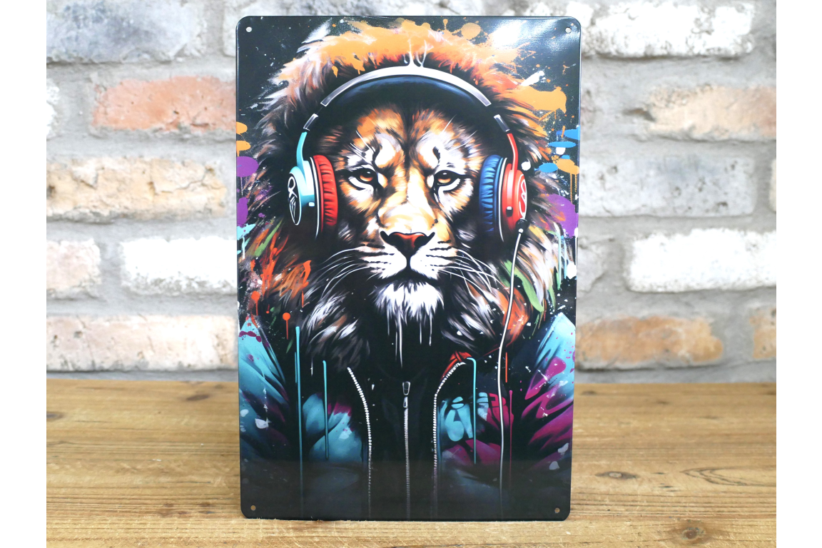 DJ Lion Street Art Metal Sign - Vibrant Graffiti Animal Wall Art Plaque