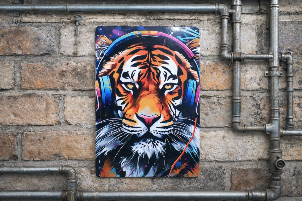 DJ Tiger Street Art Metal Sign - Vibrant Graffiti Big Cat Wall Art Plaque