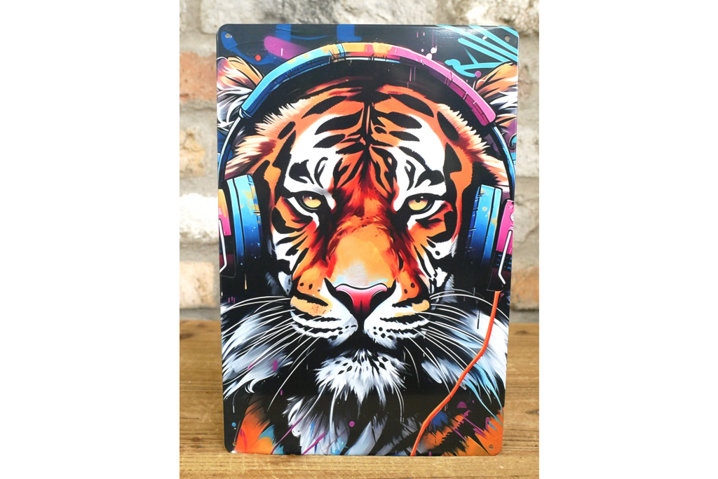 DJ Tiger Street Art Metal Sign - Vibrant Graffiti Big Cat Wall Art Plaque