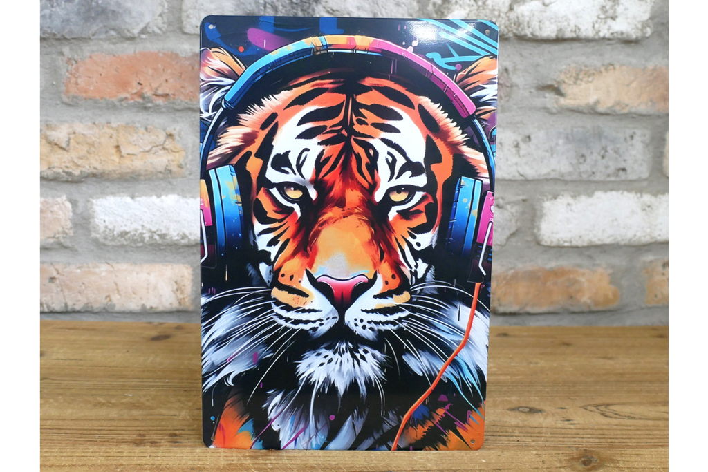 DJ Tiger Street Art Metal Sign - Vibrant Graffiti Big Cat Wall Art Plaque
