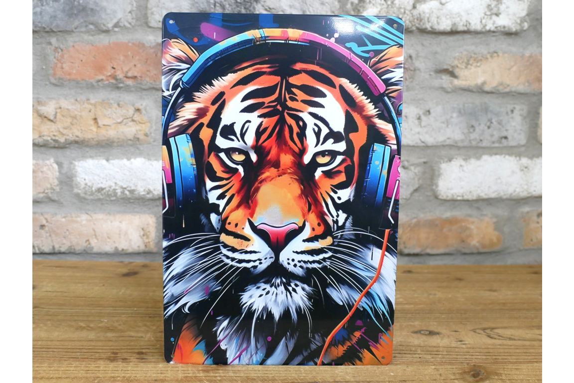 DJ Tiger Street Art Metal Sign - Vibrant Graffiti Big Cat Wall Art Plaque