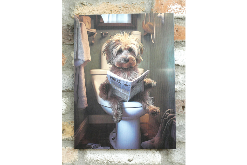 Scruffy Dog on Toilet Canvas Print - Funny Bathroom Canine Wall Art Decor