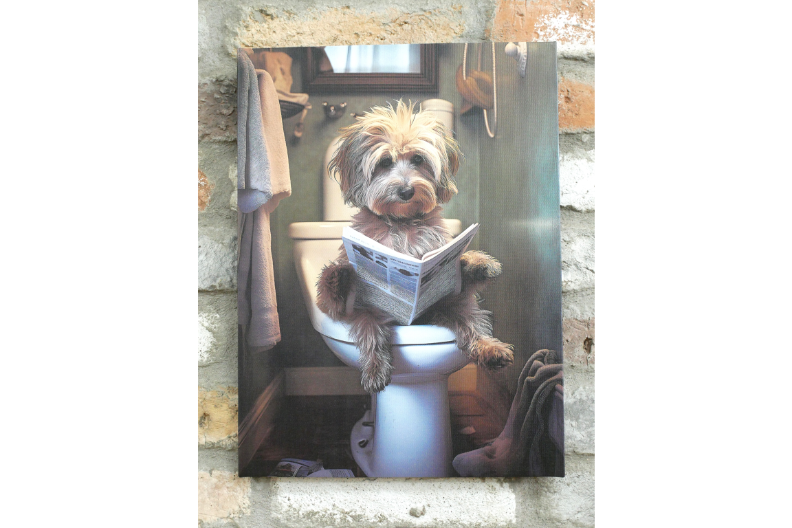 Scruffy Dog on Toilet Canvas Print - Funny Bathroom Canine Wall Art Decor