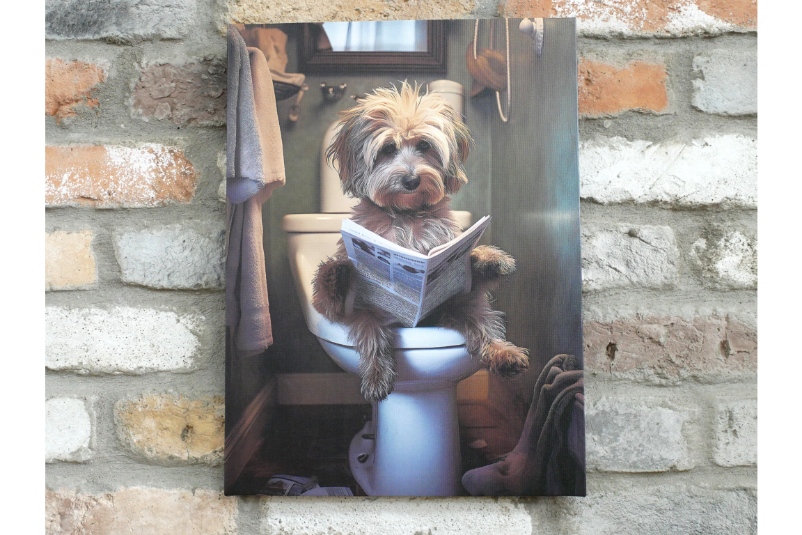 Scruffy Dog on Toilet Canvas Print - Funny Bathroom Canine Wall Art Decor