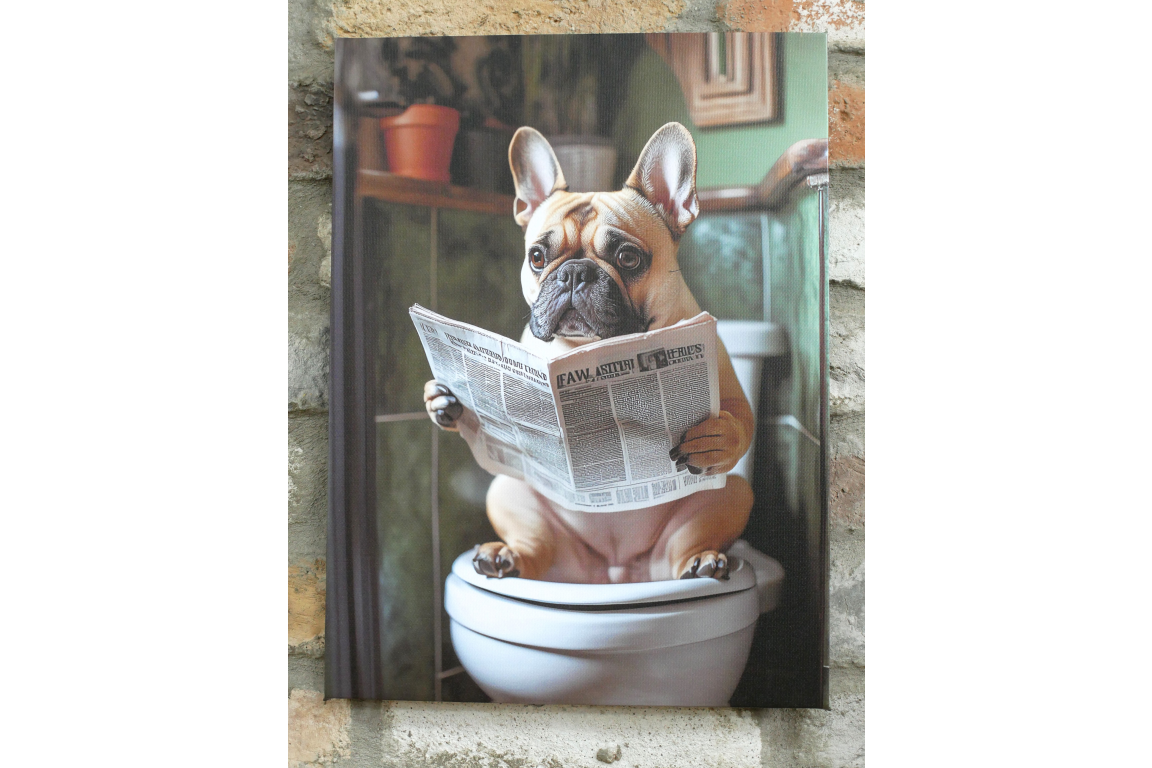 French Bulldog on Toilet Canvas Print - Funny Bathroom Frenchie Wall Art