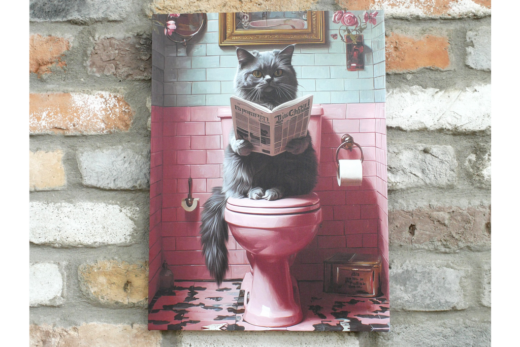 Fluffy Grey Cat on Toilet Canvas Print - Funny Bathroom Wall Art Decor