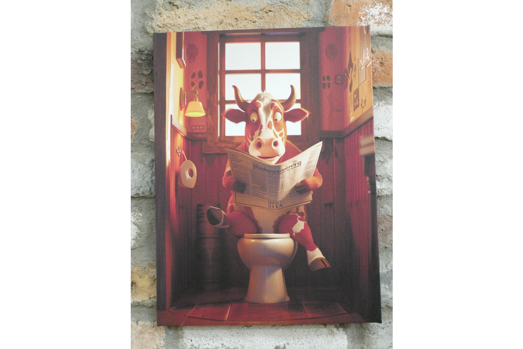 Spotted Cow on Toilet Canvas Print - Funny Bathroom Wall Art Decor