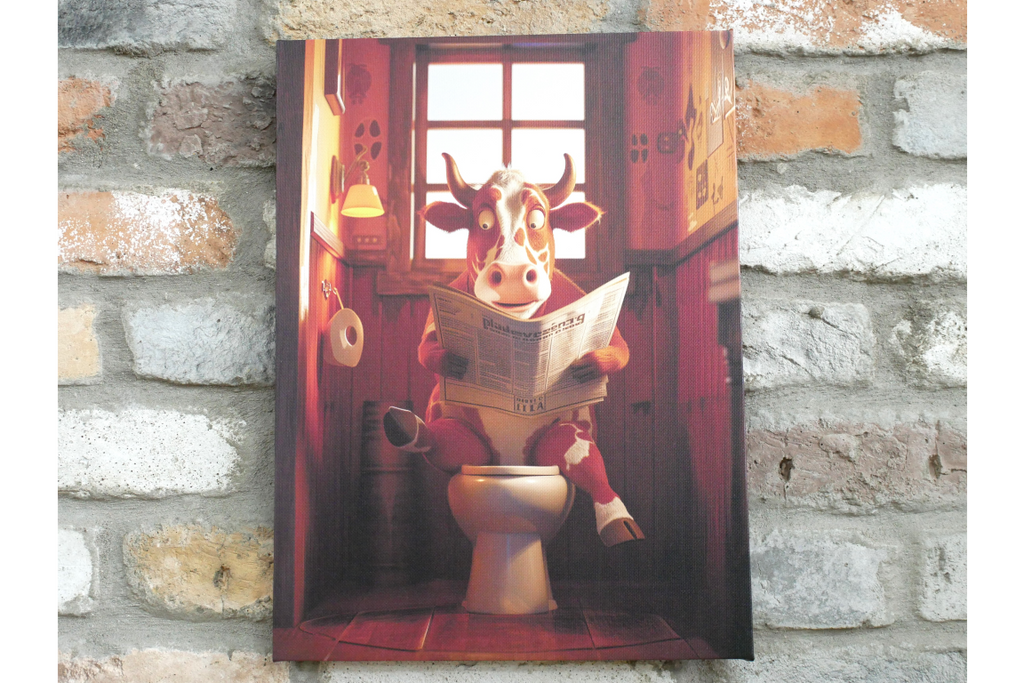 Spotted Cow on Toilet Canvas Print - Funny Bathroom Wall Art Decor