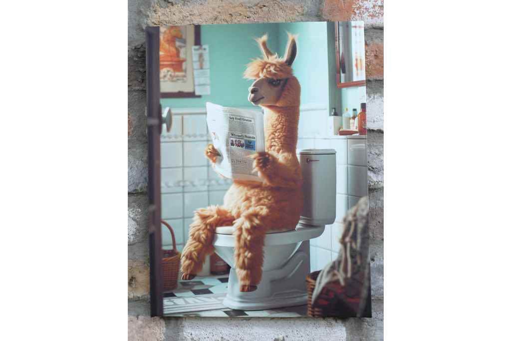 Fluffy Llama on Toilet Canvas Print - Funny Bathroom Wall Art Decor