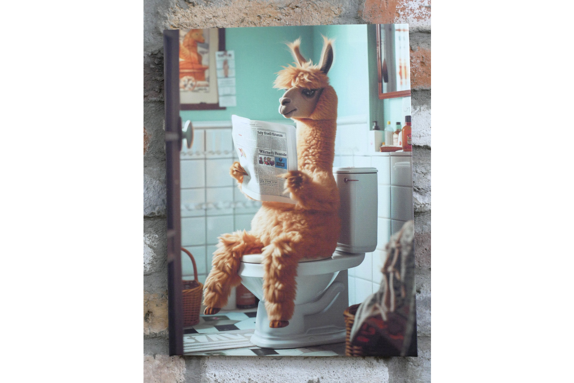 Fluffy Llama on Toilet Canvas Print - Funny Bathroom Wall Art Decor