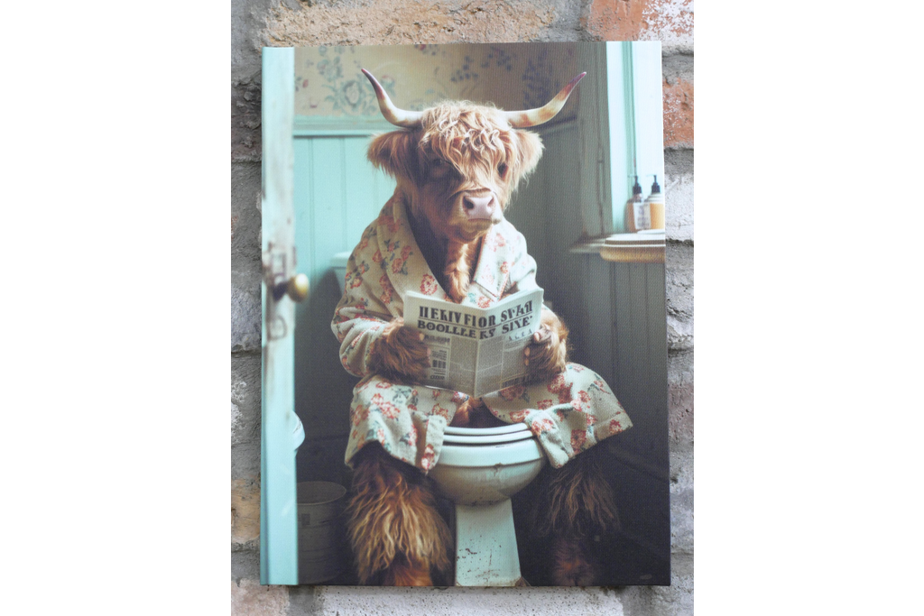 Highland Cow in Dressing Gown Canvas - Funny Toilet Bathroom Wall Art