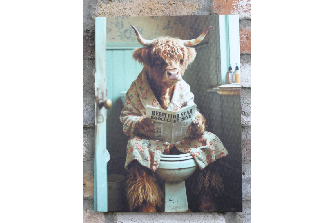 Highland Cow in Dressing Gown Canvas - Funny Toilet Bathroom Wall Art