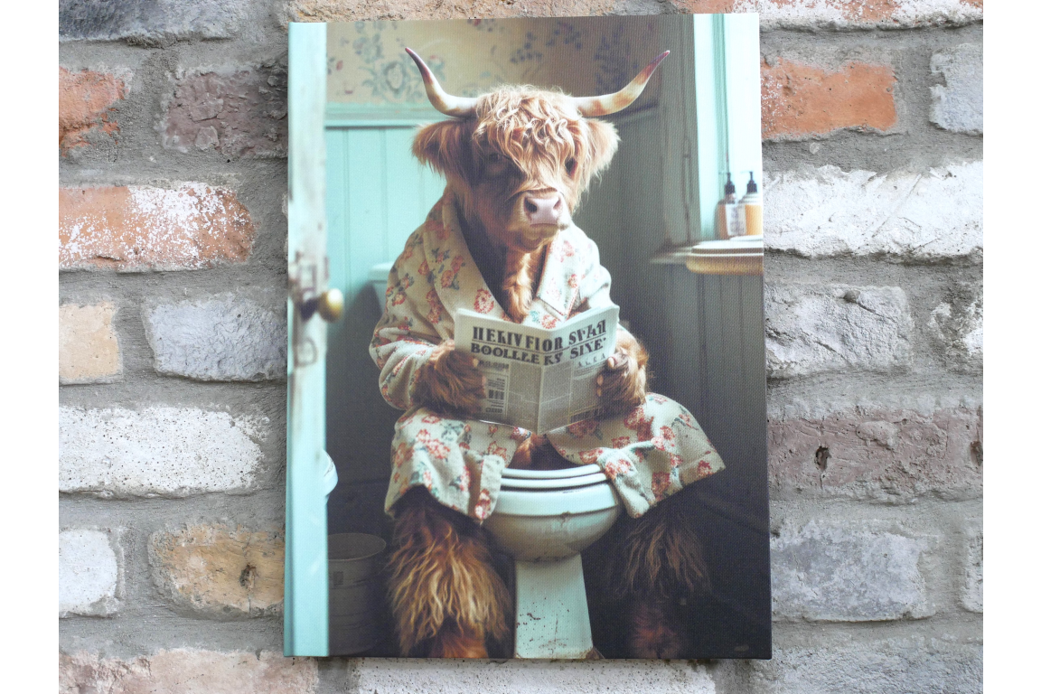 Highland Cow in Dressing Gown Canvas - Funny Toilet Bathroom Wall Art