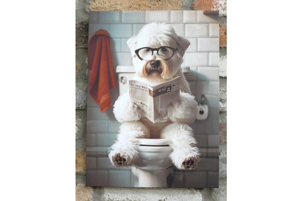 White Dog with Glasses Canvas Print - Funny Bathroom Canine Wall Art