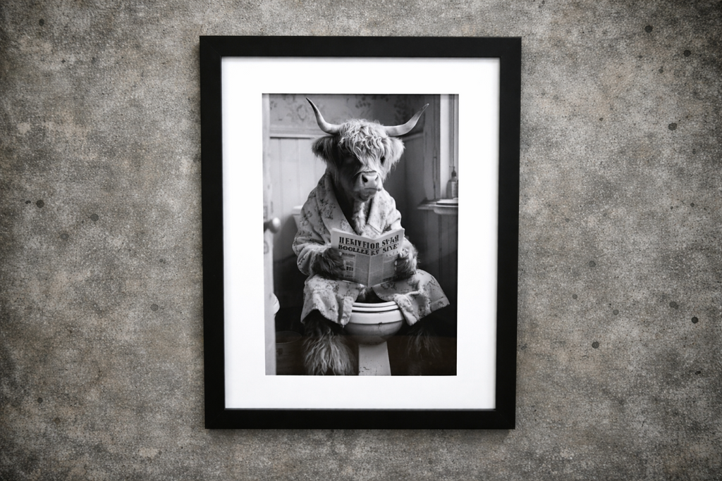 Funny Highland Cow on Toilet Framed Wall Art – Black & White Bathroom Decor Print