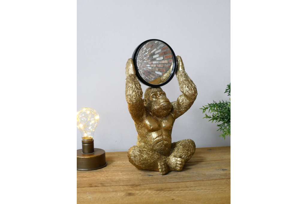 Gold Gorilla Vanity Mirror Figurine - Quirky Resin Monkey Desk Decor