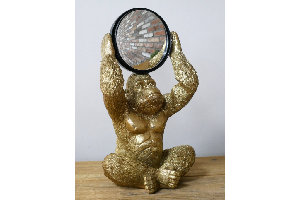 Gold Gorilla Vanity Mirror Figurine - Quirky Resin Monkey Desk Decor