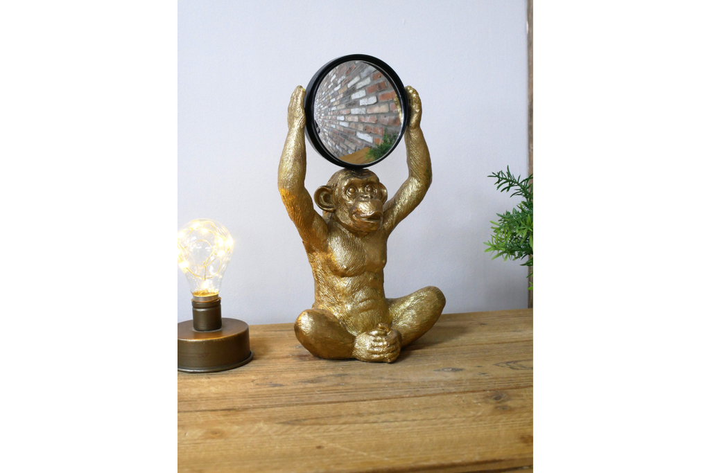 Gold Chimpanzee Vanity Mirror Figurine - Quirky Resin Monkey Desk Decor