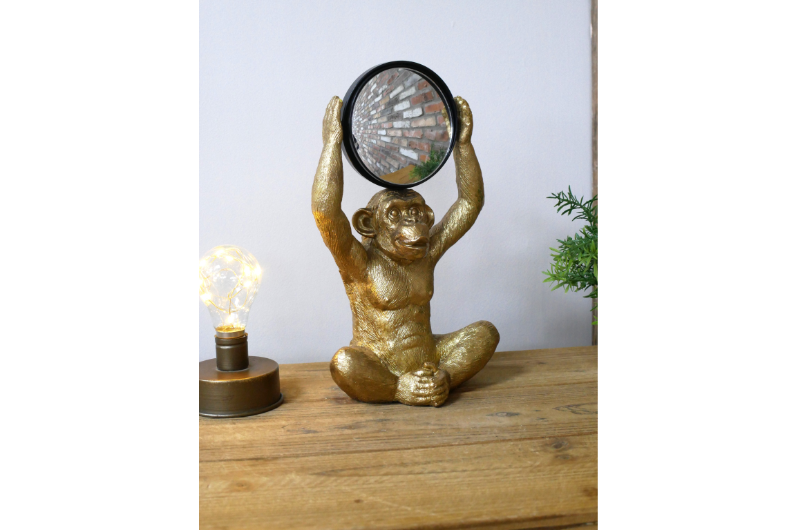 Gold Chimpanzee Vanity Mirror Figurine - Quirky Resin Monkey Desk Decor