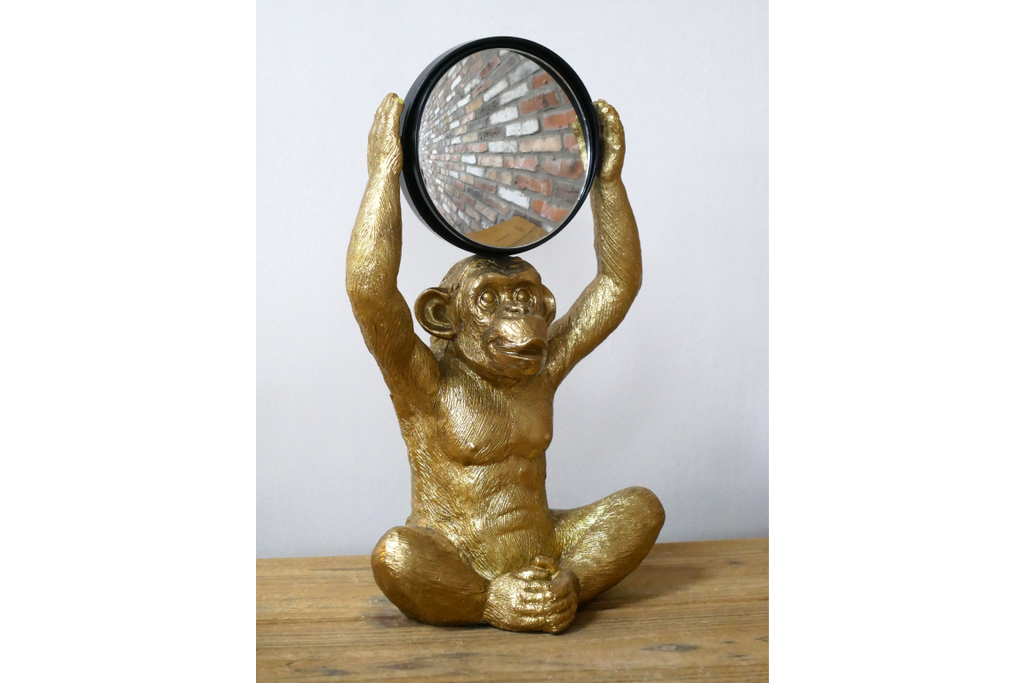 Gold Chimpanzee Vanity Mirror Figurine - Quirky Resin Monkey Desk Decor