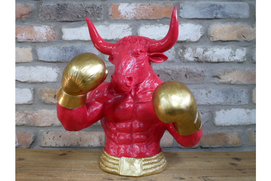 Gold Boxing Bull Torso Bust - Large Red Resin Charging Animal Sculpture