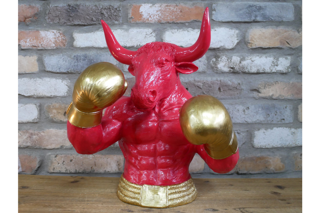 Gold Boxing Bull Torso Bust - Large Red Resin Charging Animal Sculpture