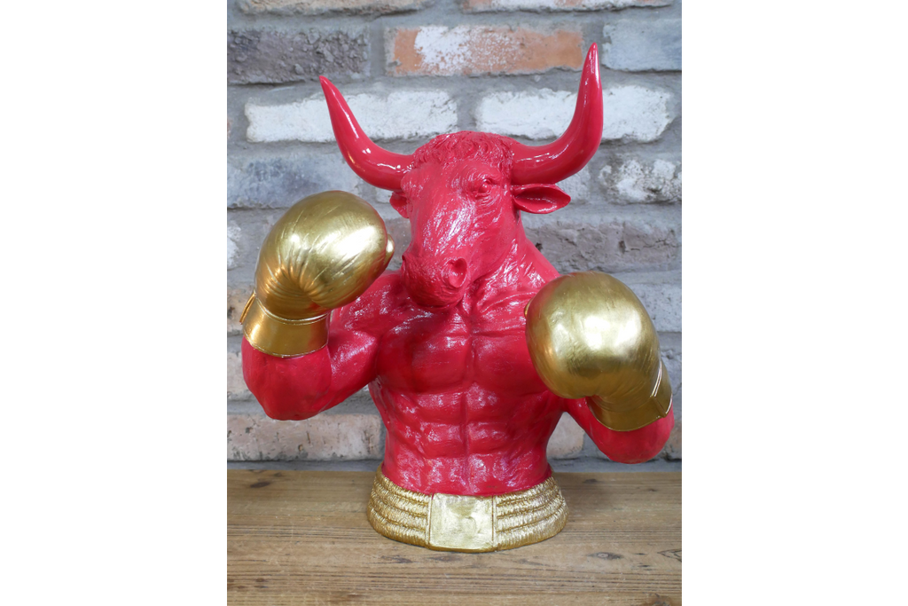 Gold Boxing Bull Torso Bust - Large Red Resin Charging Animal Sculpture
