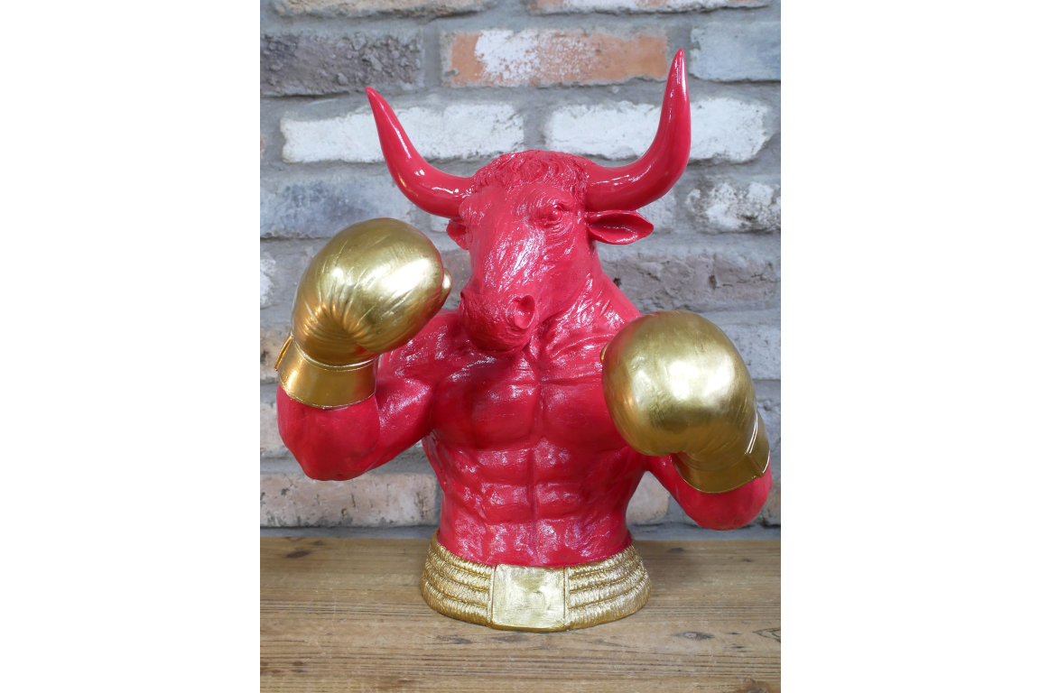 Gold Boxing Bull Torso Bust - Large Red Resin Charging Animal Sculpture