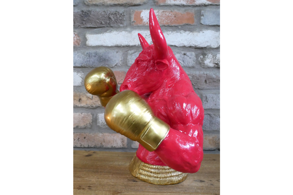 Gold Boxing Bull Torso Bust - Large Red Resin Charging Animal Sculpture