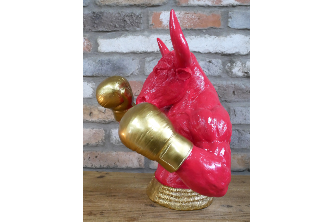 Gold Boxing Bull Torso Bust - Large Red Resin Charging Animal Sculpture