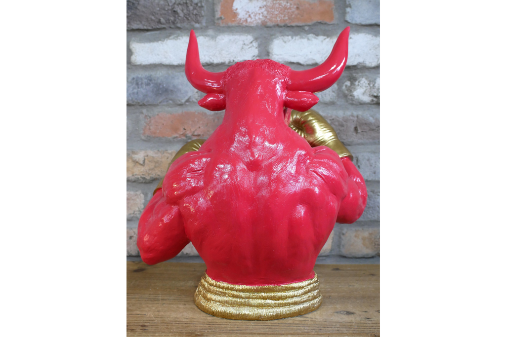 Gold Boxing Bull Torso Bust - Large Red Resin Charging Animal Sculpture