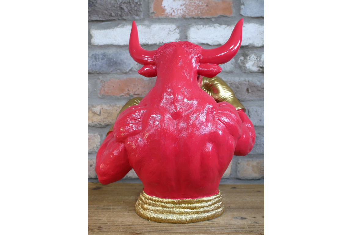 Gold Boxing Bull Torso Bust - Large Red Resin Charging Animal Sculpture