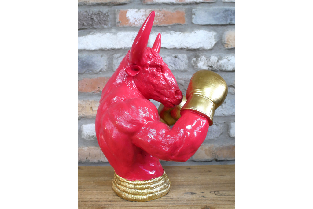 Gold Boxing Bull Torso Bust - Large Red Resin Charging Animal Sculpture