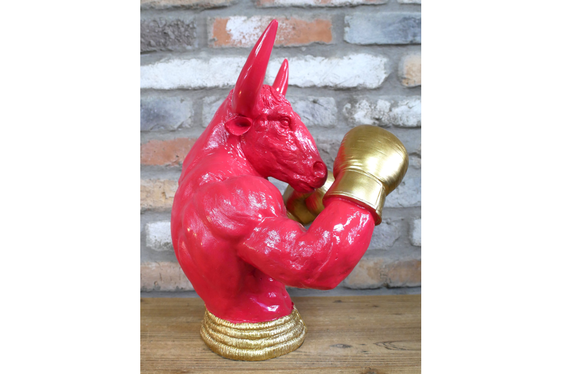Gold Boxing Bull Torso Bust - Large Red Resin Charging Animal Sculpture