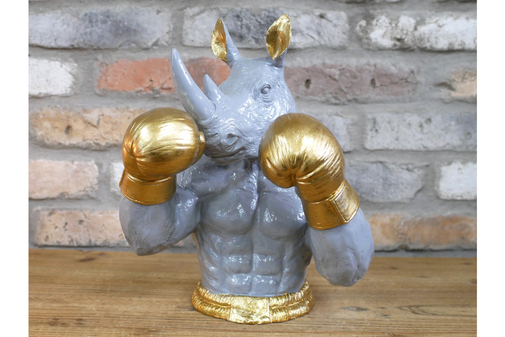 Gold Boxing Rhino Torso Bust - Quirky Grey Resin Rhinoceros Dog Statue