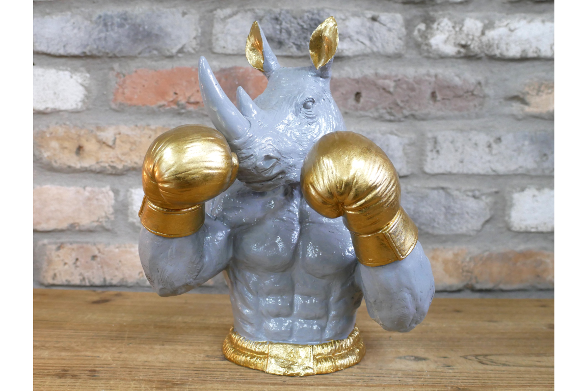 Gold Boxing Rhino Torso Bust - Quirky Grey Resin Rhinoceros Dog Statue