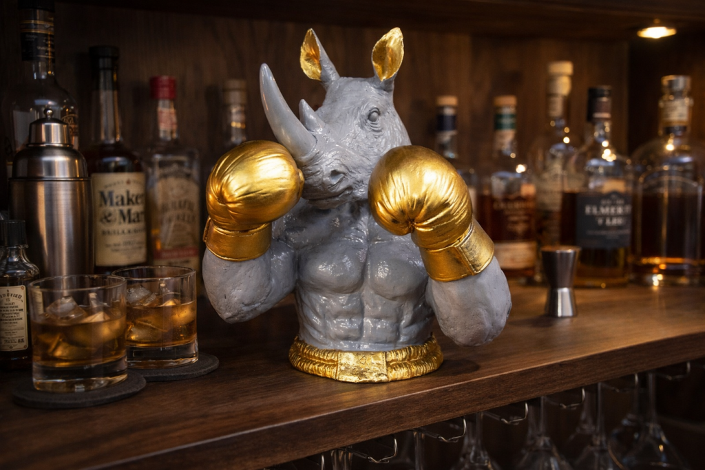 Gold Boxing Rhino Torso Bust - Quirky Grey Resin Rhinoceros Dog Statue