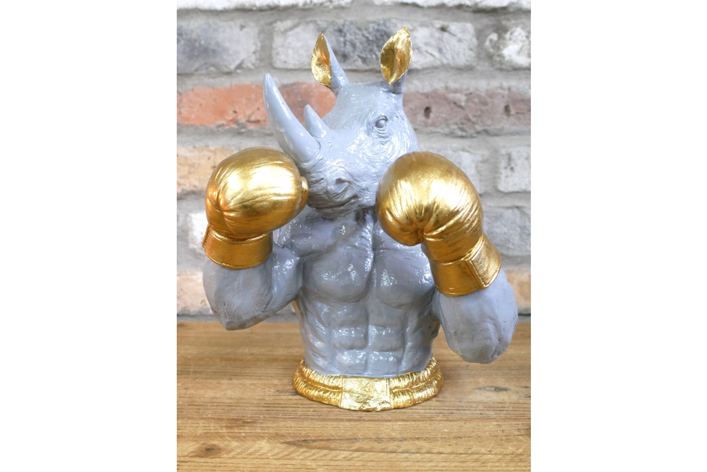 Gold Boxing Rhino Torso Bust - Quirky Grey Resin Rhinoceros Dog Statue