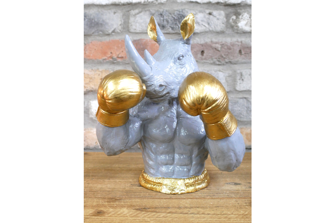 Gold Boxing Rhino Torso Bust - Quirky Grey Resin Rhinoceros Dog Statue