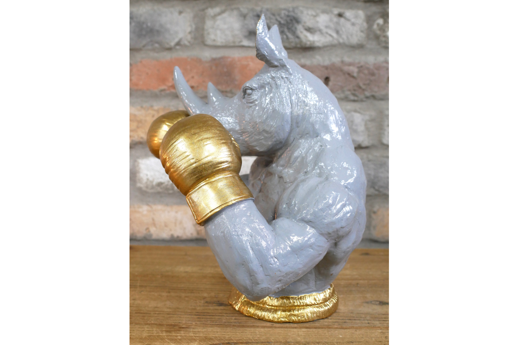 Gold Boxing Rhino Torso Bust - Quirky Grey Resin Rhinoceros Dog Statue