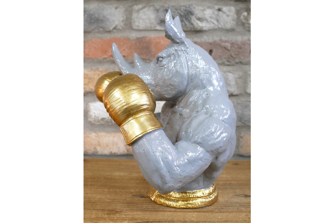 Gold Boxing Rhino Torso Bust - Quirky Grey Resin Rhinoceros Dog Statue
