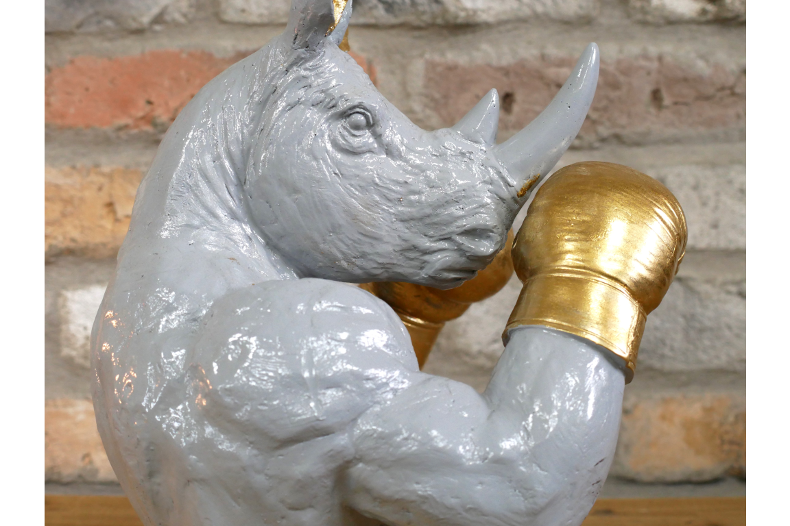 Gold Boxing Rhino Torso Bust - Quirky Grey Resin Rhinoceros Dog Statue
