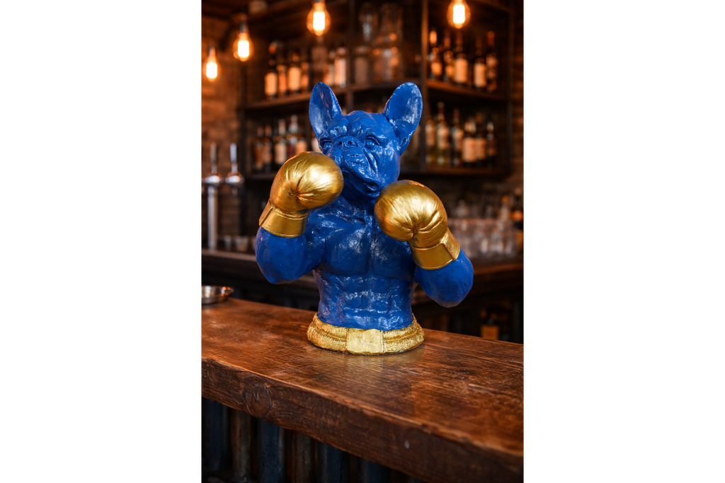 Gold Boxing French Bulldog Bust - Quirky Blue Resin Frenchie Dog Statue