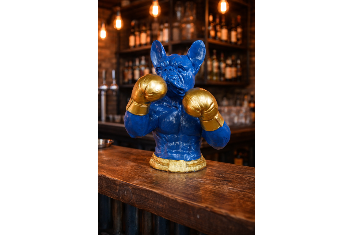 Gold Boxing French Bulldog Bust - Quirky Blue Resin Frenchie Dog Statue