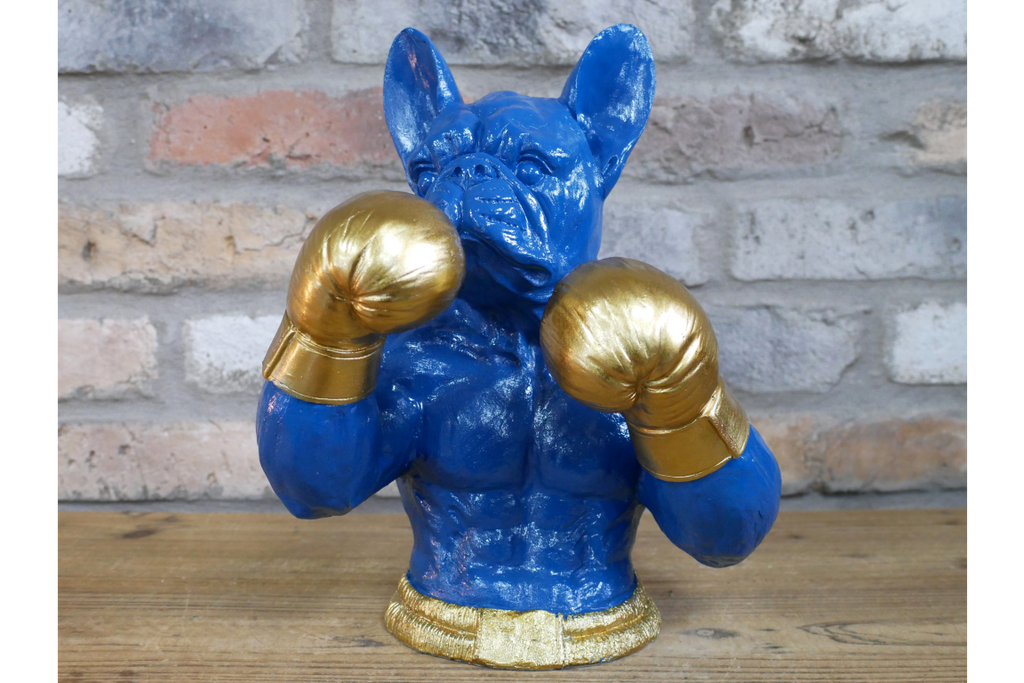 Gold Boxing French Bulldog Bust - Quirky Blue Resin Frenchie Dog Statue